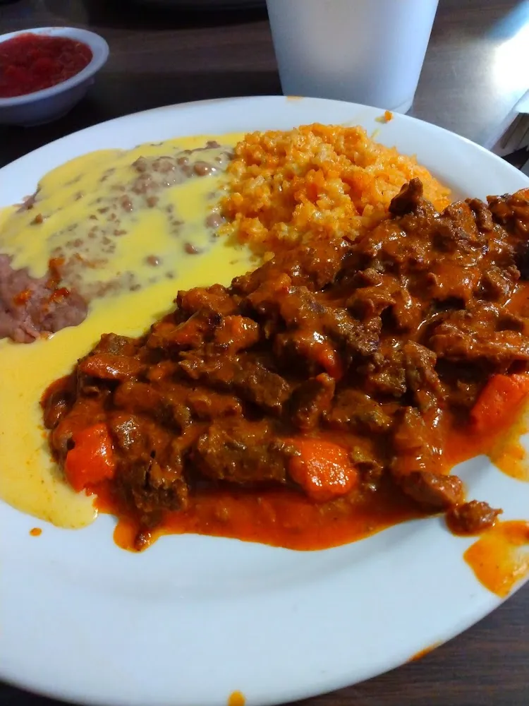 Chile Rojo with Rice and Beans and Cheese